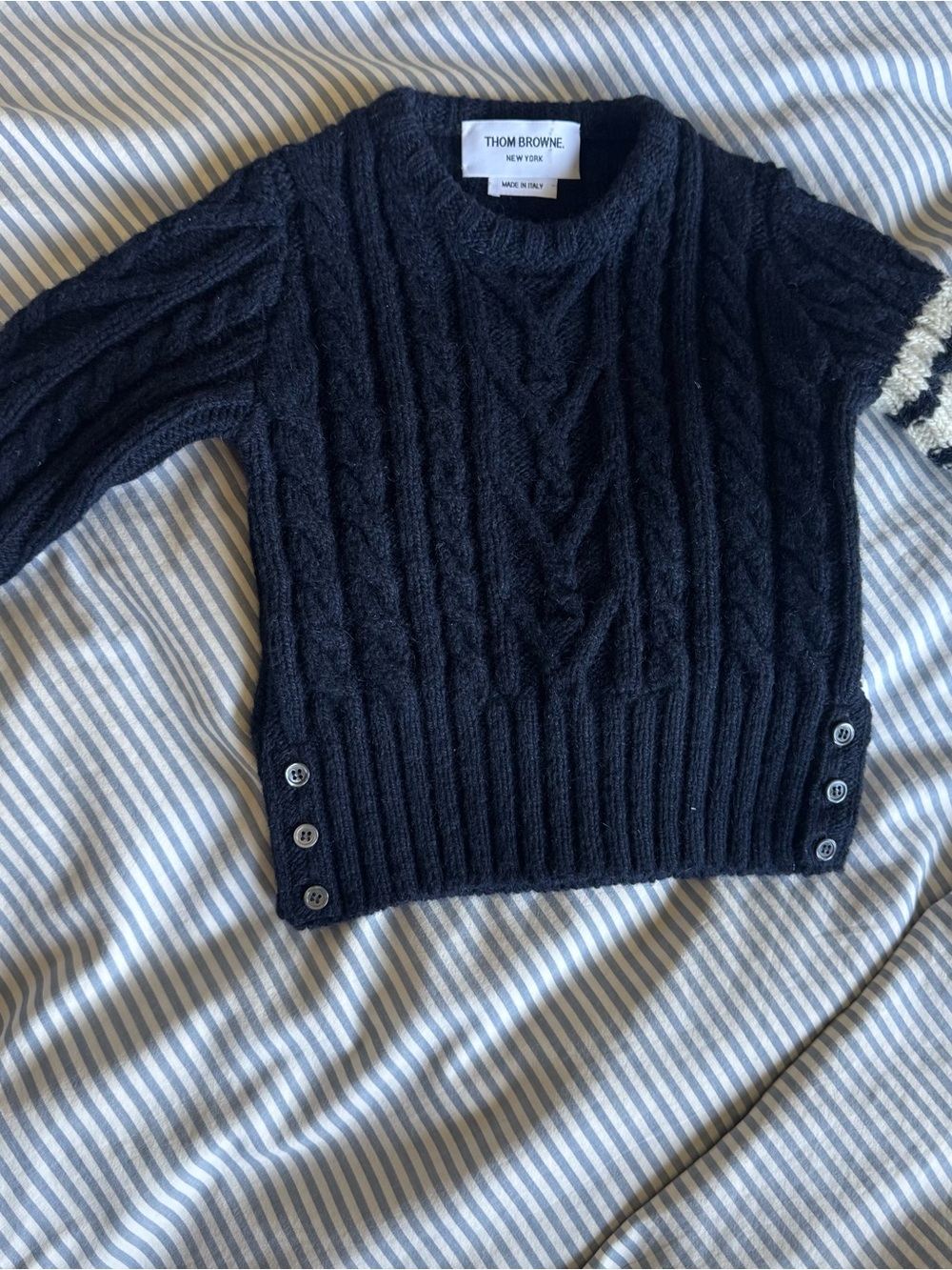 Thom Browne Navy Cable Knit Crewneck Sweater with Cream & Black Sleeve Detail - Picture 9 of 9
